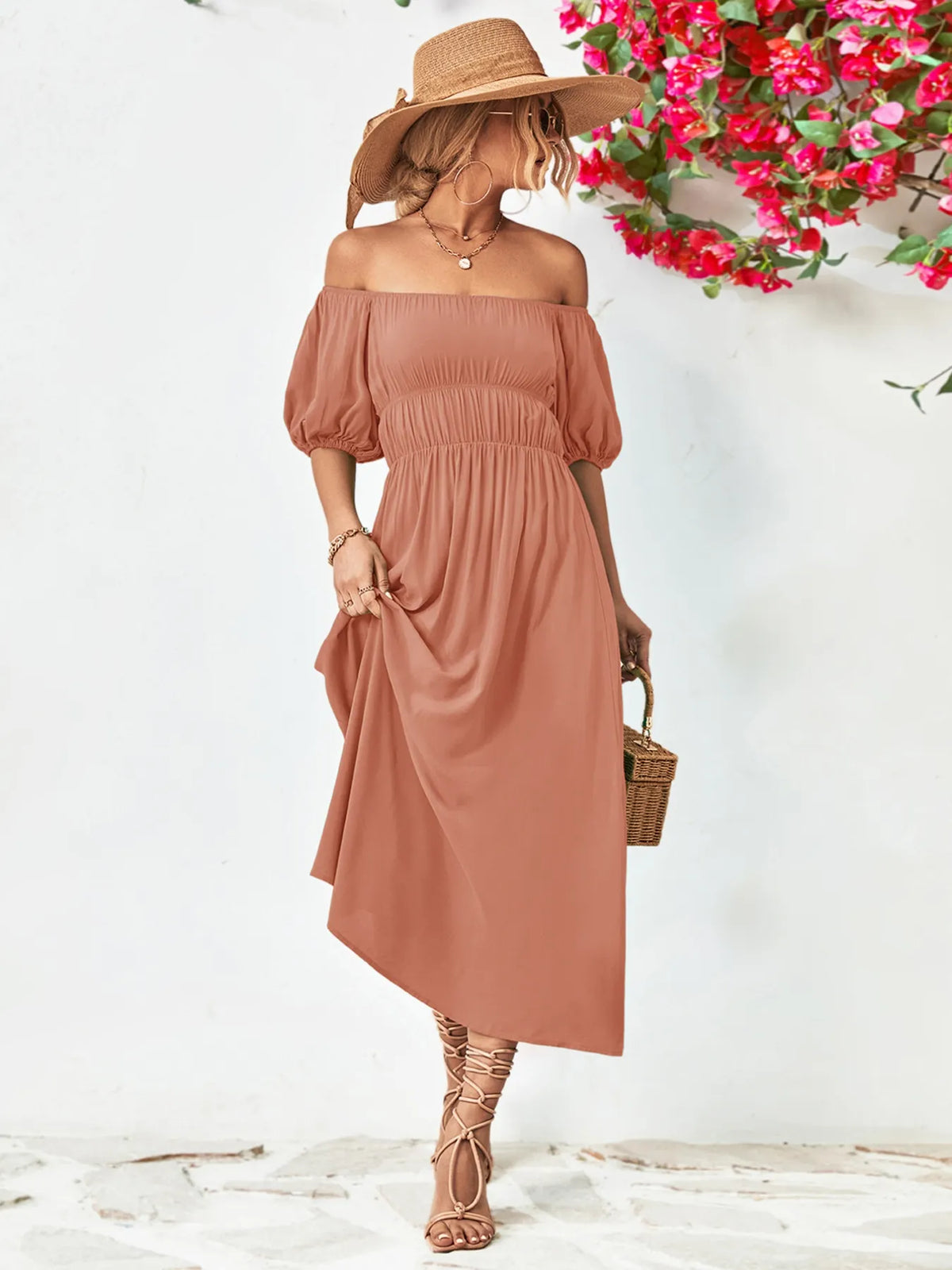 Off shoulder puff sleeve smocked maxi dress, fabric and print close up
