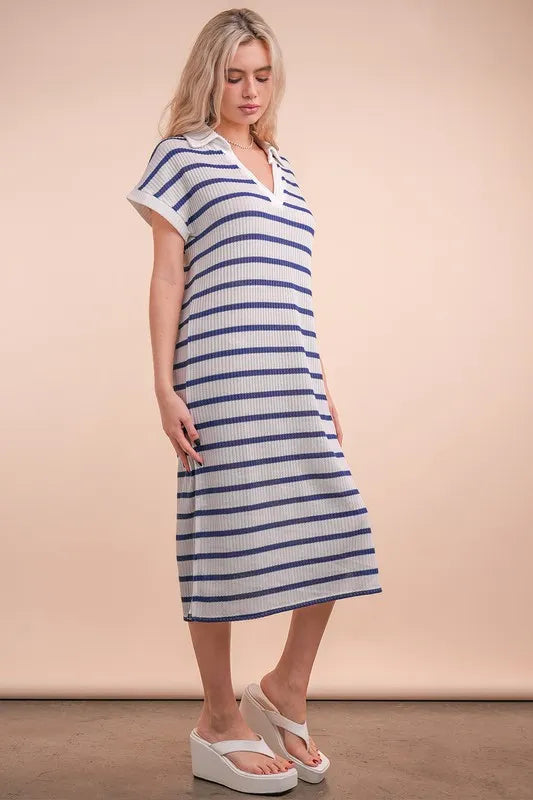 Oversized Collared Striped Knit Midi Dress on model