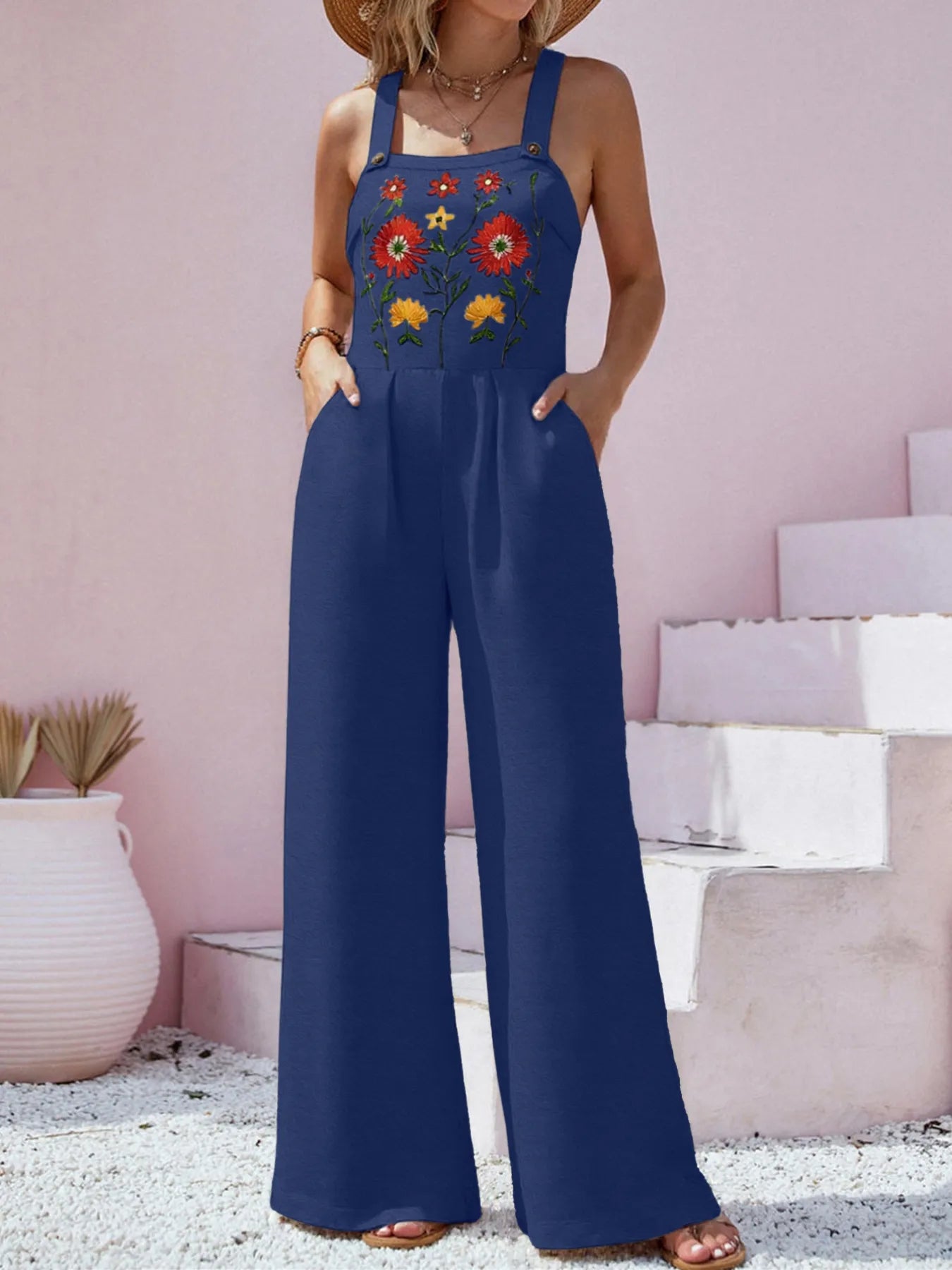 Floral Embroidered Wide Leg Jumpsuit - Fashorio