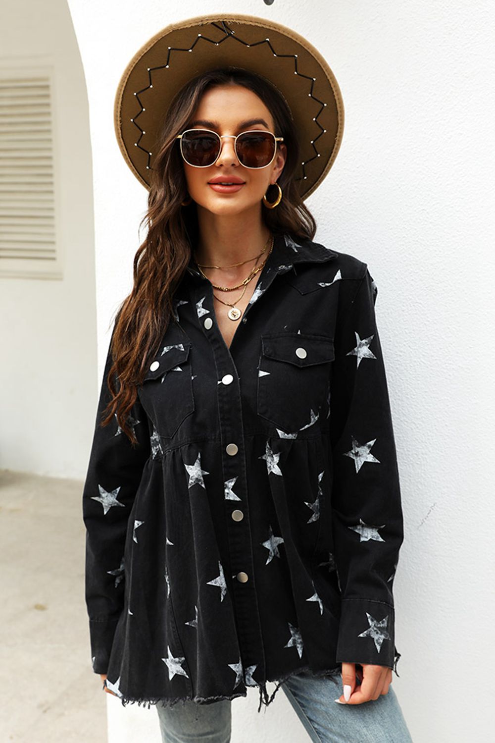 Collared Neck Star Print Long Sleeve Denim Jacket Black - Fashorio