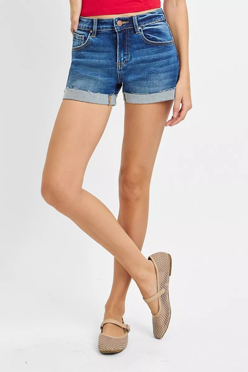 Dark wash denim low rise cuffed shorts front view