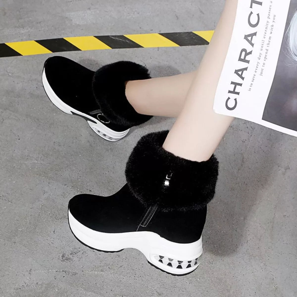 Fuzzy platform ankle boots side profile