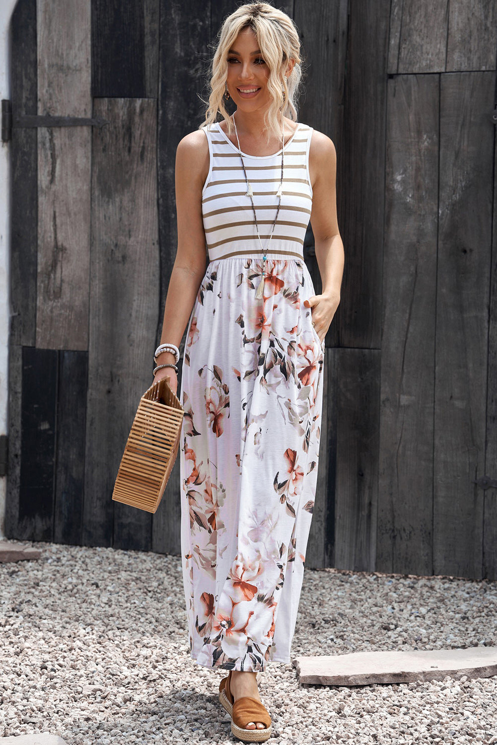 floral round neck sleeveless maxi dress styled look