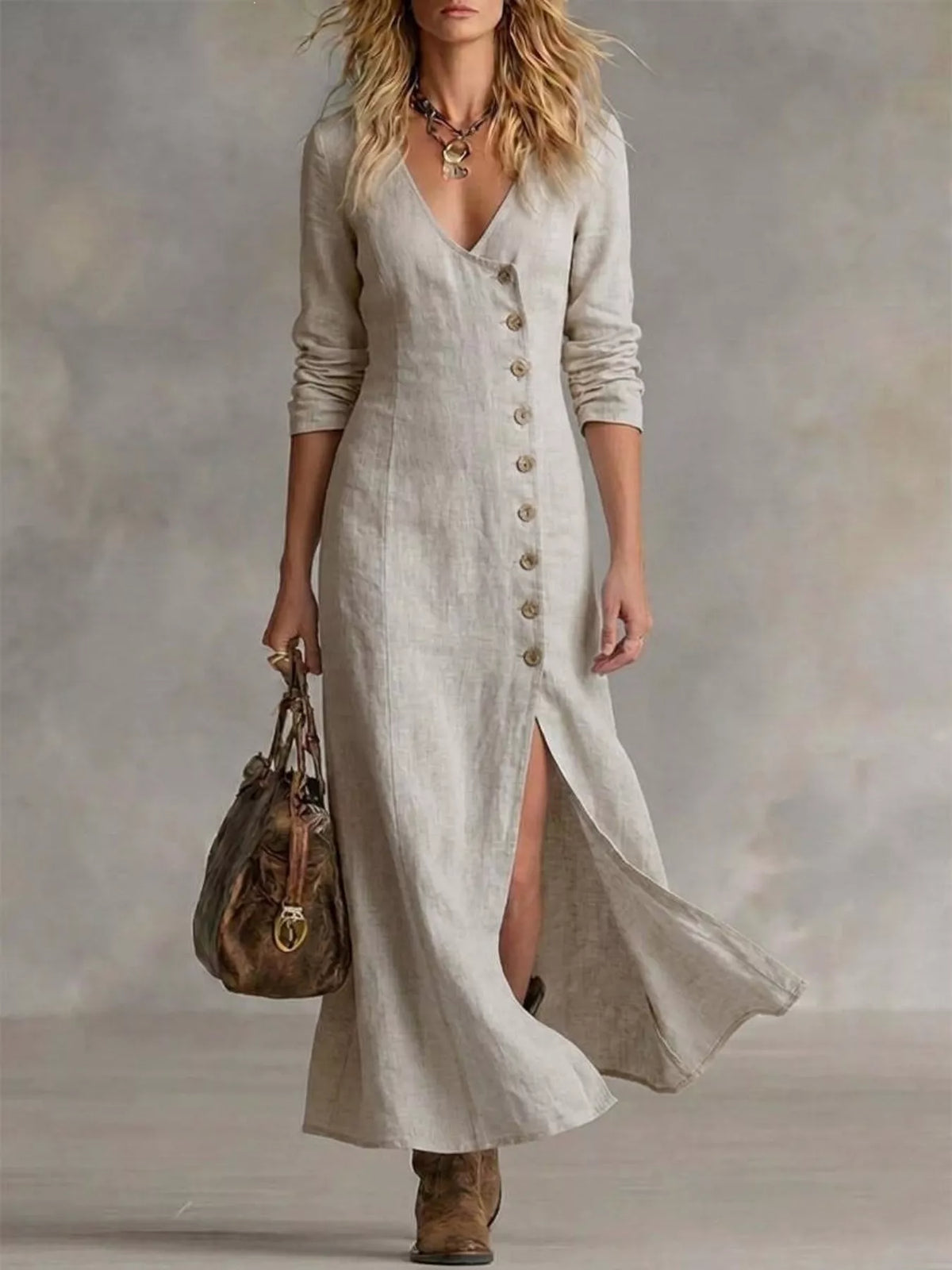Button front maxi dress styled on model