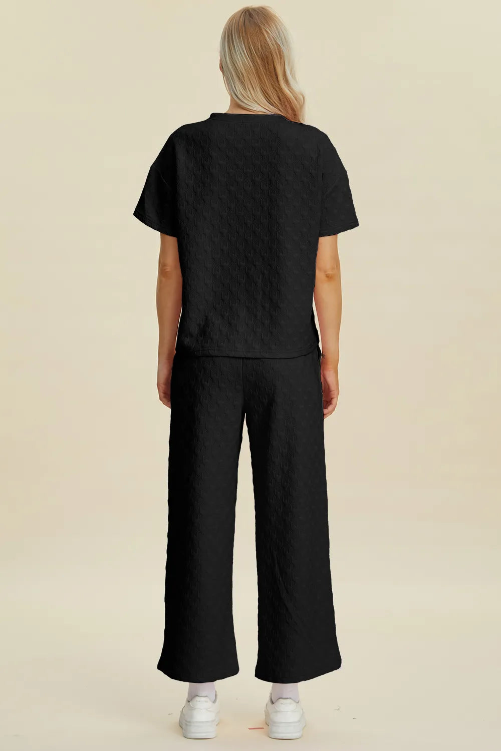 Double Take Full Size Texture Round Neck Short Sleeve Top and Pants Set - Fashorio