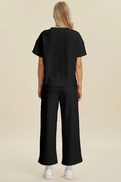 Double Take Full Size Texture Round Neck Short Sleeve Top and Pants Set - Fashorio