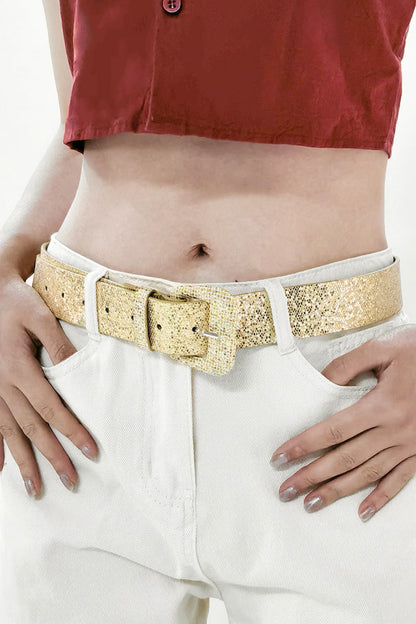 Glitter PU Leather Belt Gold One Size - Fashorio