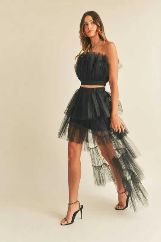 MABLE Tulle Tube Ruffle Crop Top and High Low Maxi Skirt Set - Fashorio