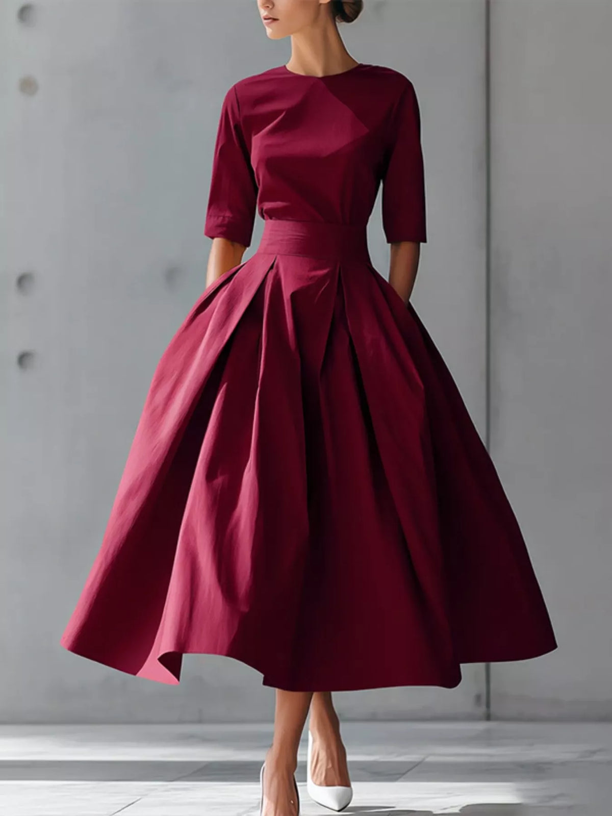 round neck A line midi dress back detail