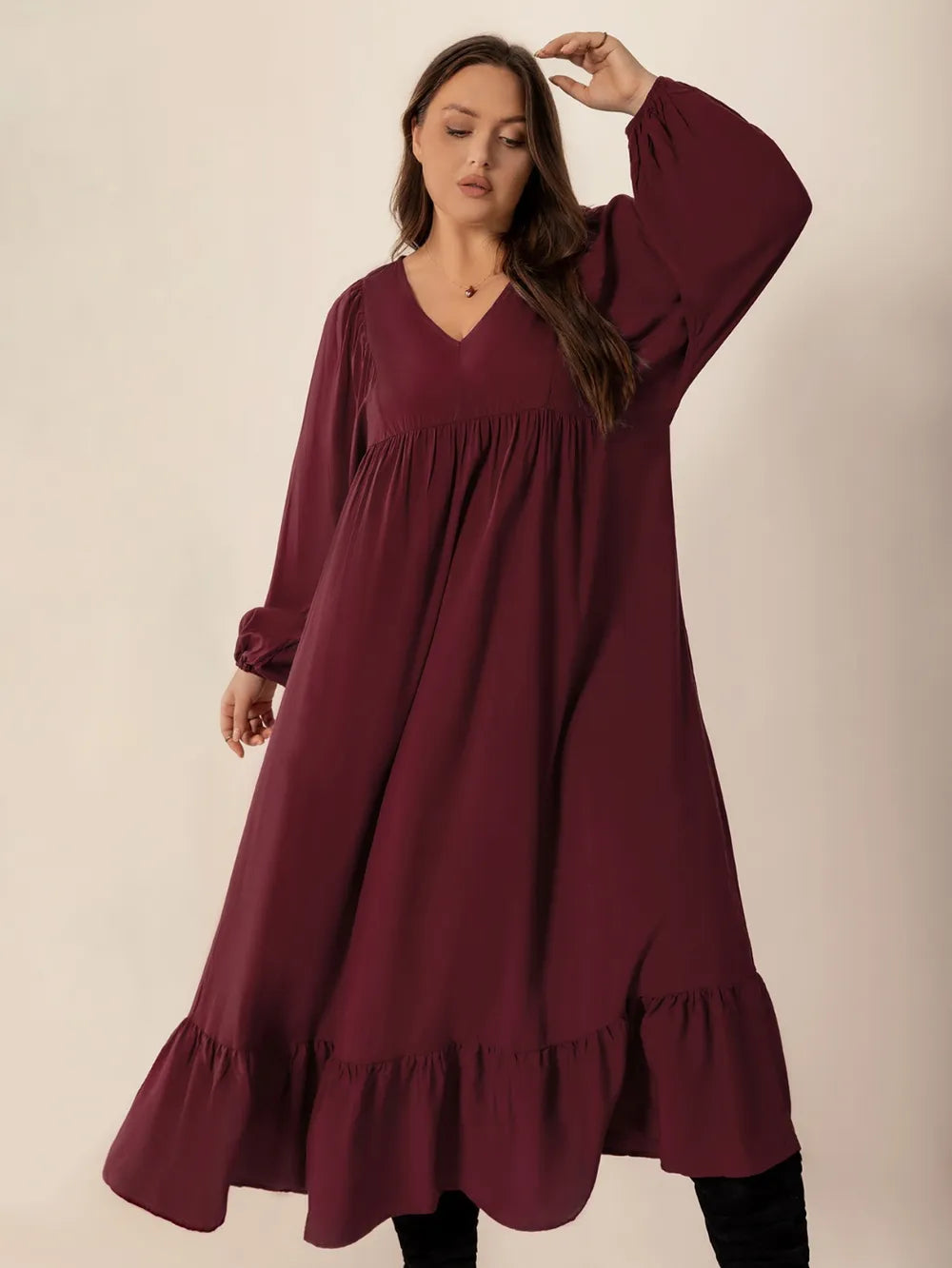 burgundy plus size ruffled hem v neck balloon sleeve dress back view