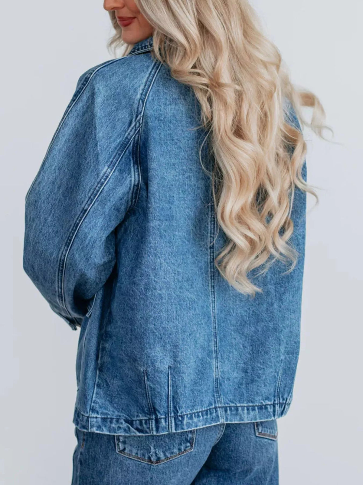 Raglan Sleeve Button Up Denim Jacket in Blue on model