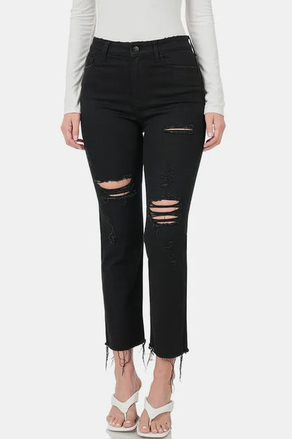 Zenana Distressed Raw Hem Cropped Jeans Black - Fashorio