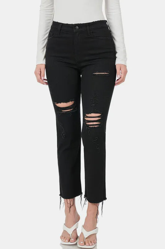 Zenana Distressed Raw Hem Cropped Jeans Black - Fashorio