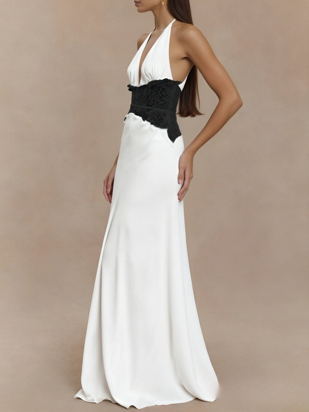 Halter neck lace trimmed maxi dress skirt movement