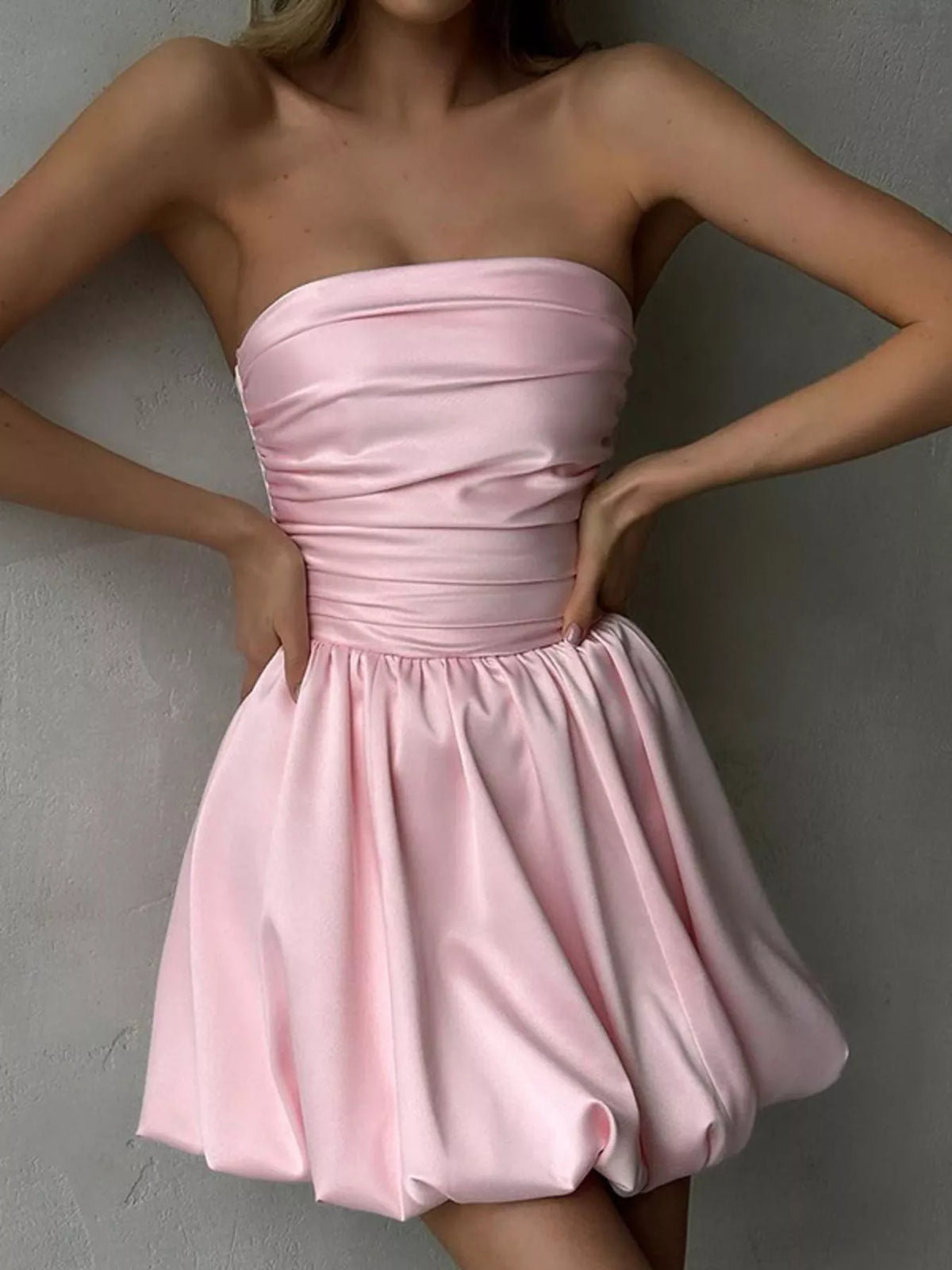 Blush pink strapless ruched bubble mini dress front view