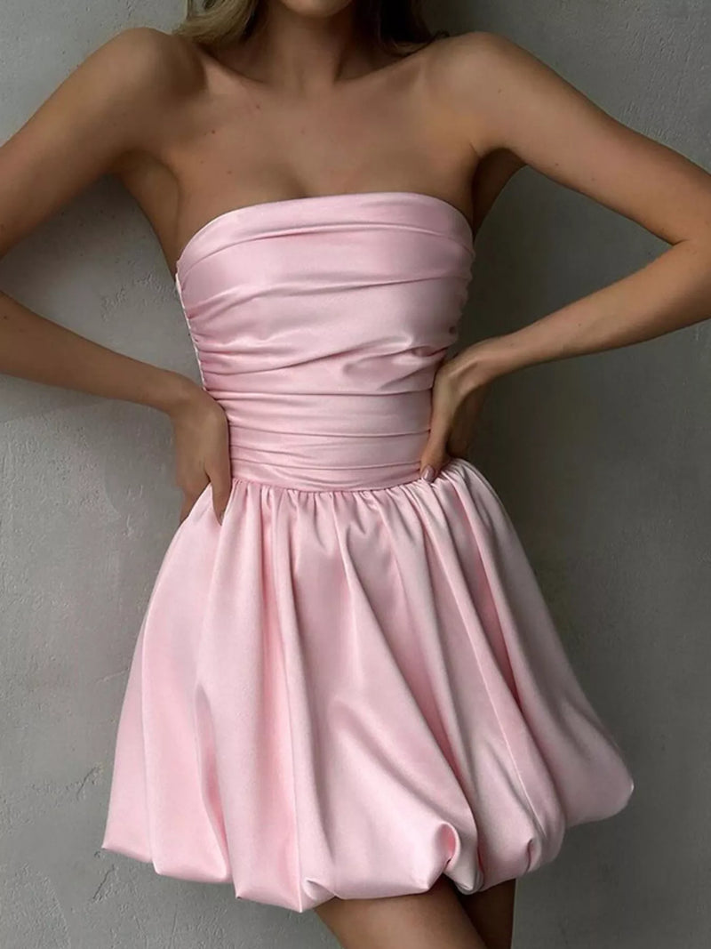 Blush pink strapless ruched bubble mini dress front view
