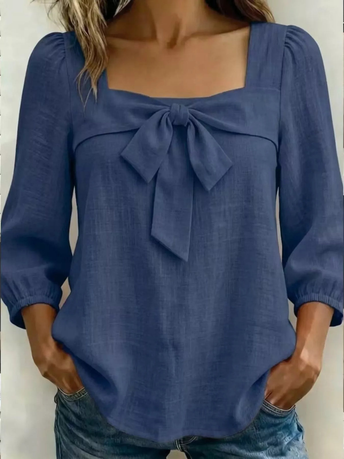 Navy blue bow front blouse front view