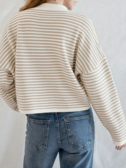 Striped Button Front Long Sleeve Cardigan - Fashorio