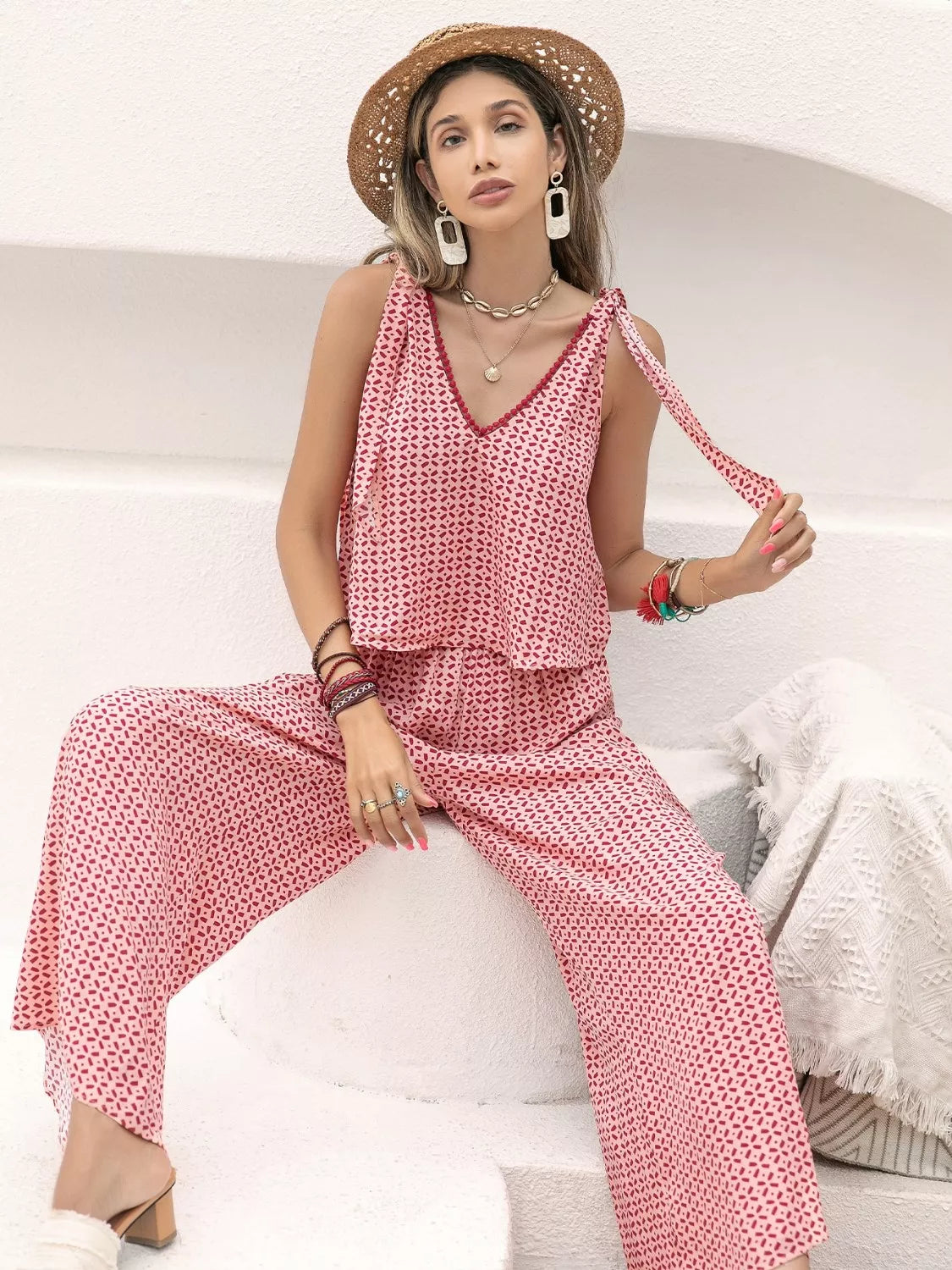 Gingham Tie Shoulder Top and Pants Set detail