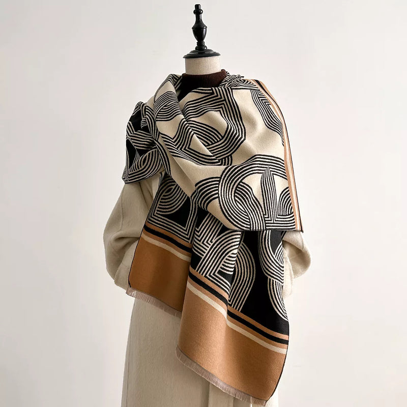 Geometric pattern raw hem cotton scarf around the neck