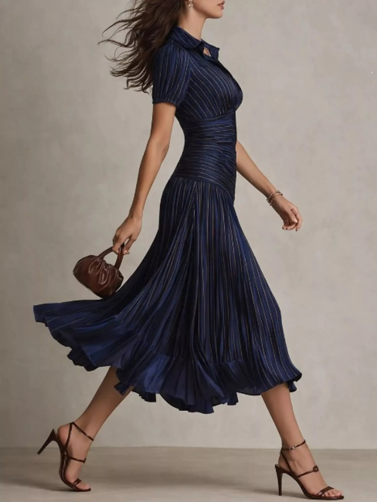 Front view of the pleated stripe dress on a model