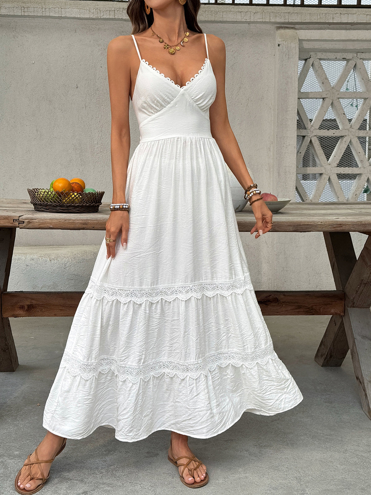 gray and white lace detail v neck tiered maxi dress styled look