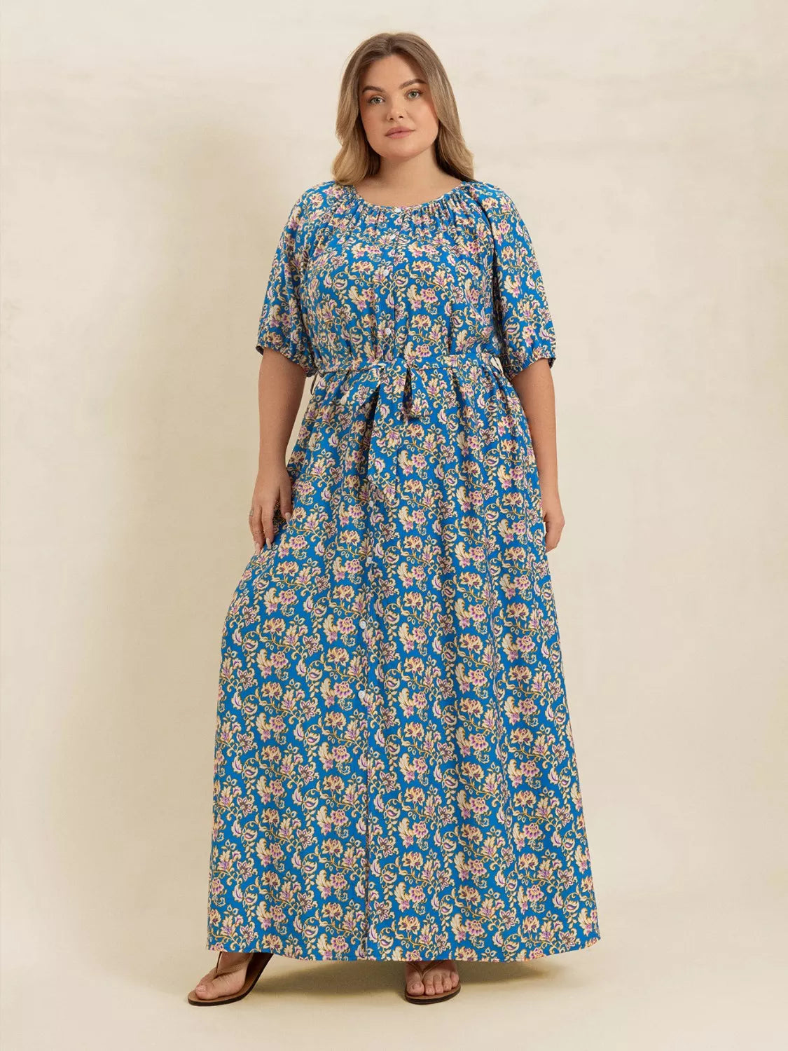 Blue floral maxi dress waist tie detail