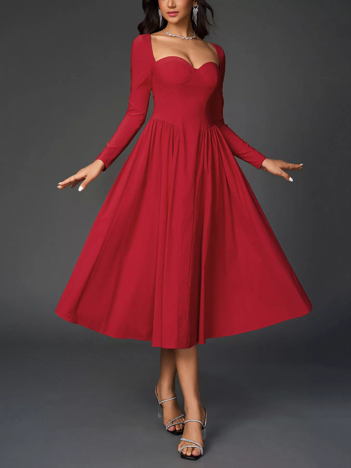 Sweetheart neck long sleeve A line midi dress front view
