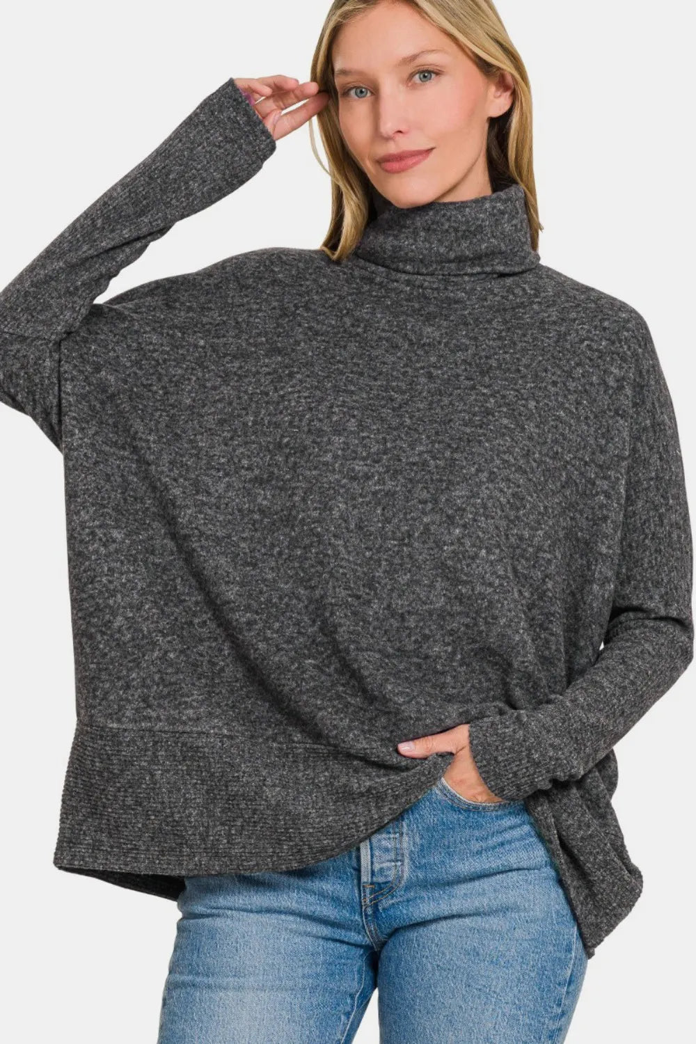 Brushed Melange Hacci Turtleneck Sweater in Black side view