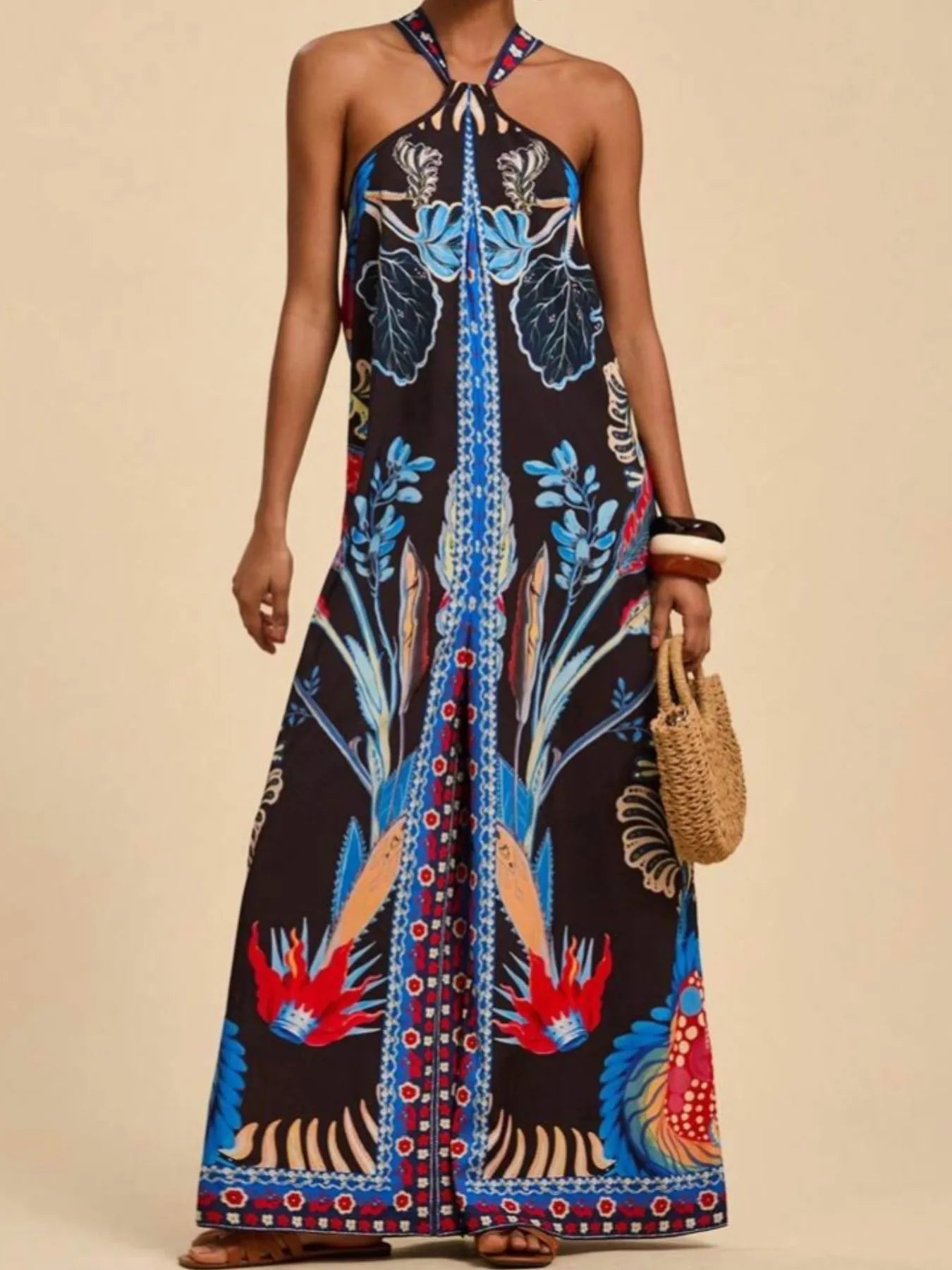 Printed Halter Wide-Leg Jumpsuit Royal Blue - Fashorio
