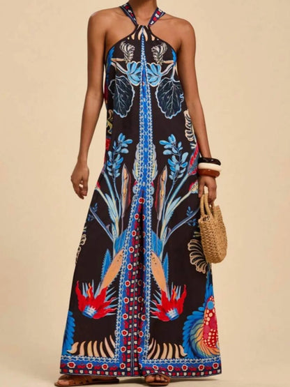 Printed Halter Wide-Leg Jumpsuit Royal Blue - Fashorio