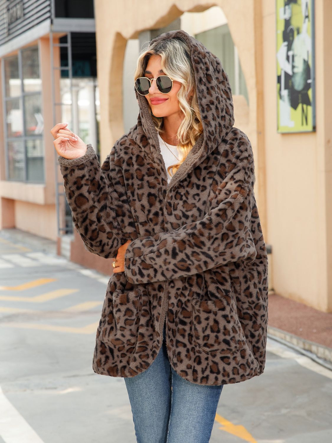 Leopard Hooded Coat with Pockets - Fashorio