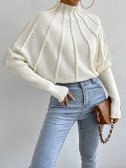 Mock Neck Ribbed Long Sleeve Sweater White - Fashorio