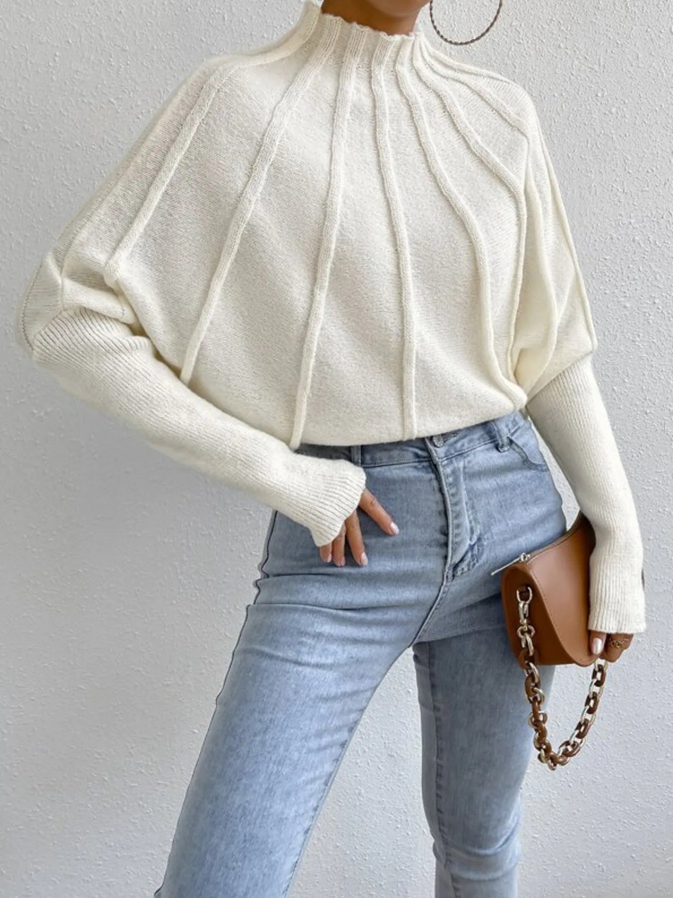 Mock Neck Ribbed Long Sleeve Sweater White - Fashorio