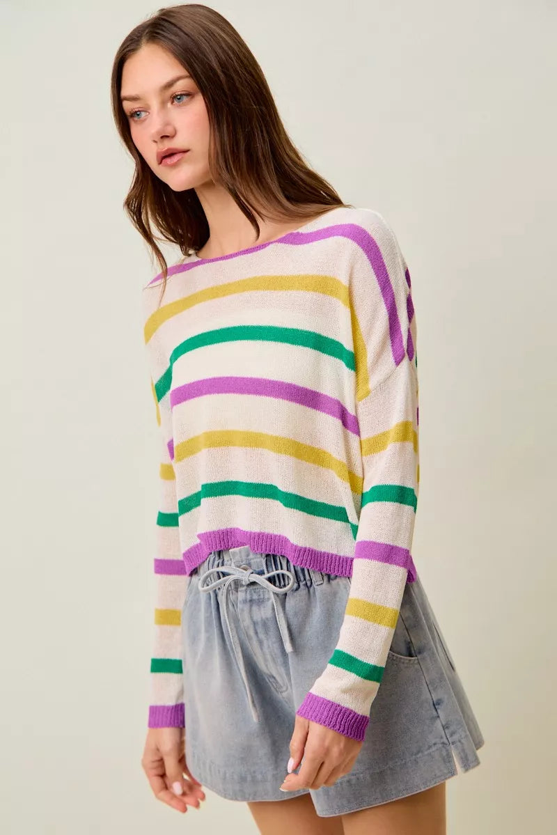 Multi Color Stripe Lightweight Sweater Top in Ivory view 17