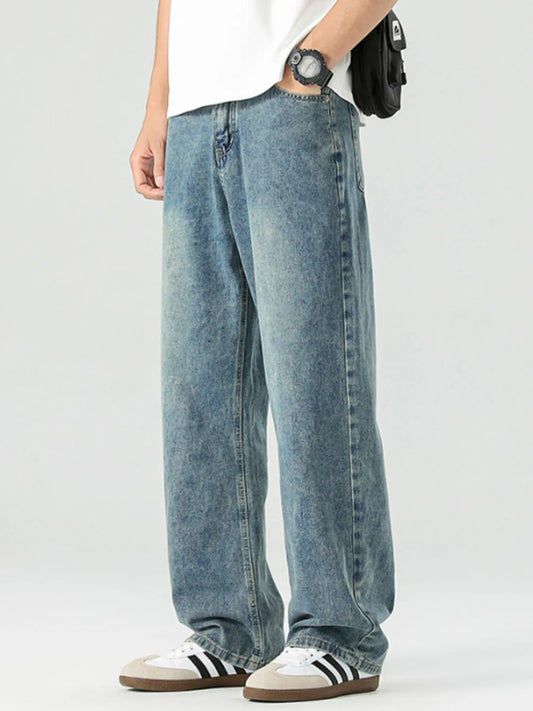 Men's High Waist Washed Wide Leg Jeans - Fashorio