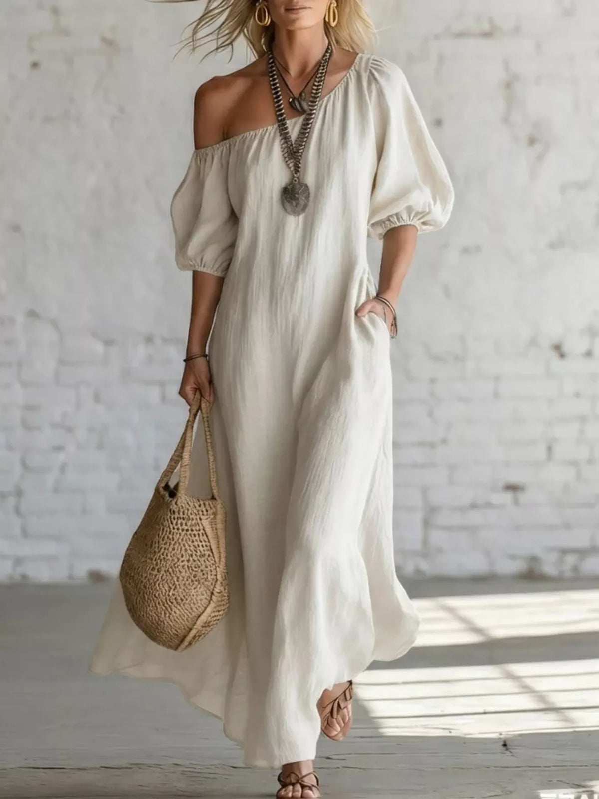 One shoulder puff sleeve maxi dress full length view