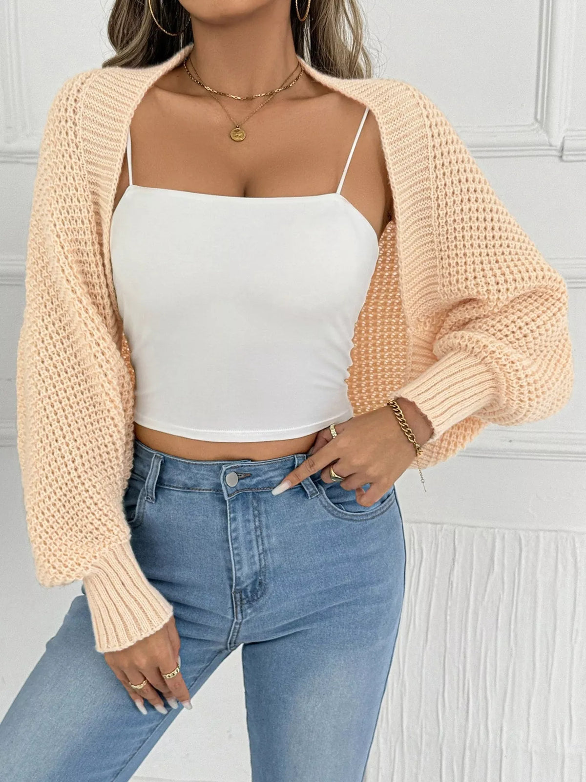 Open front batwing sleeve cardigan, draped side view