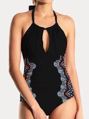 FAM-FAM Cutout Printed Halter Neck One-Piece Swimwear Black - Fashorio