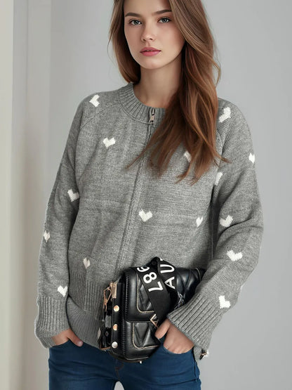 Heart Round Neck Zip Up Cardigan Gray One Size - Fashorio