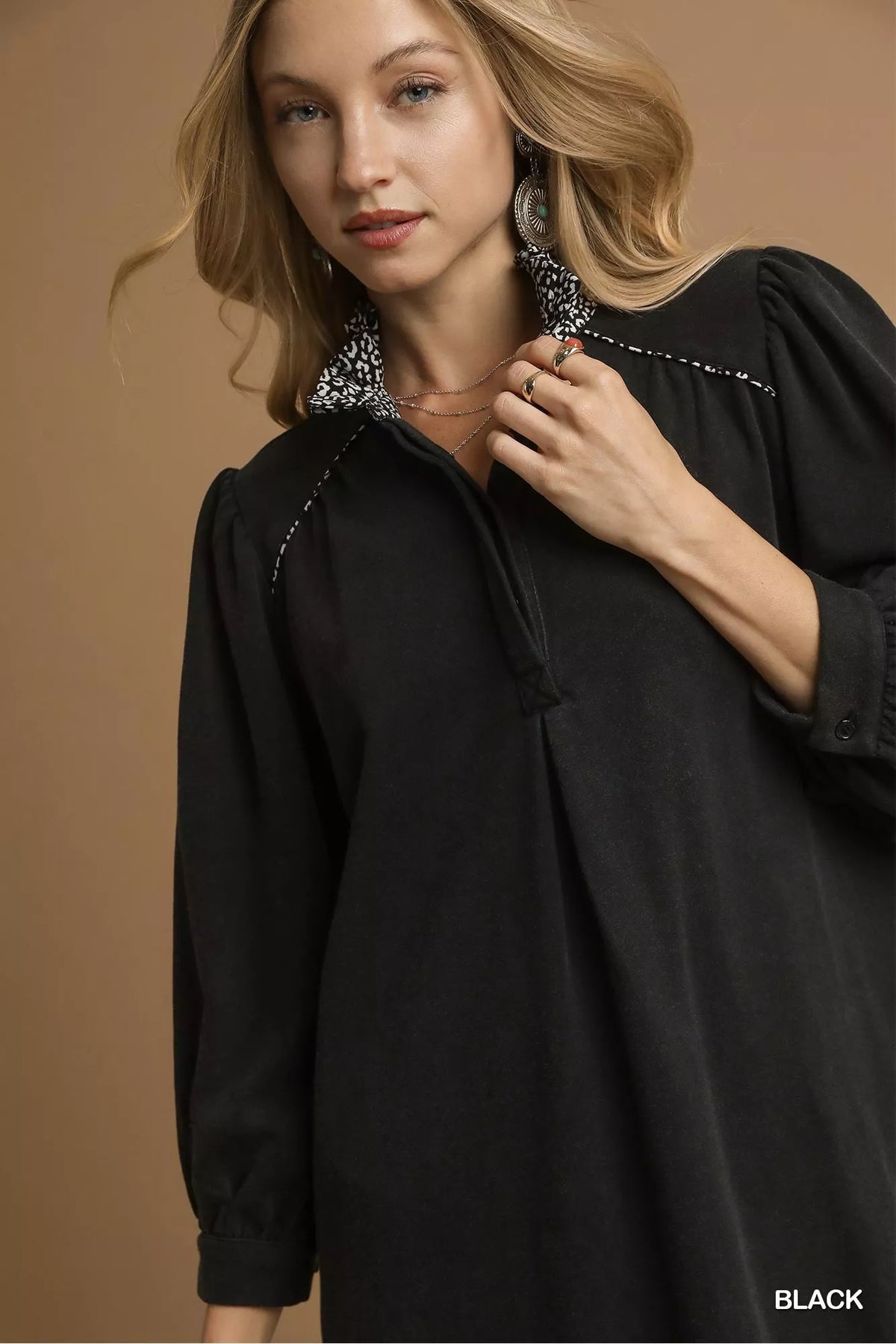 French Terry Balloon Sleeve Shift Dress in Black styled look