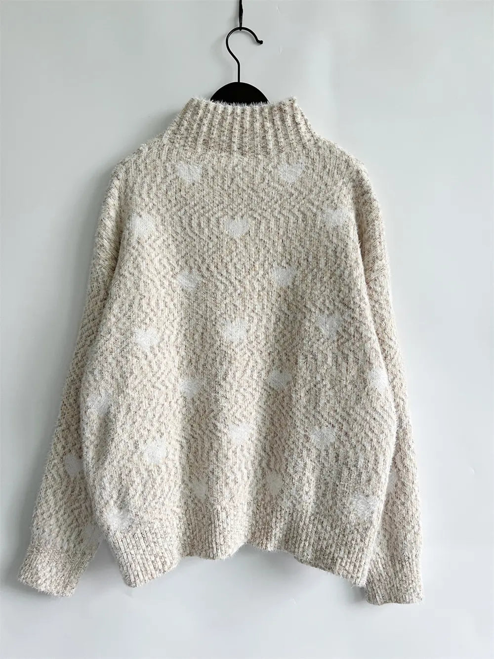 Heart Heathered Turtleneck Drop Shoulder Sweater - Fashorio