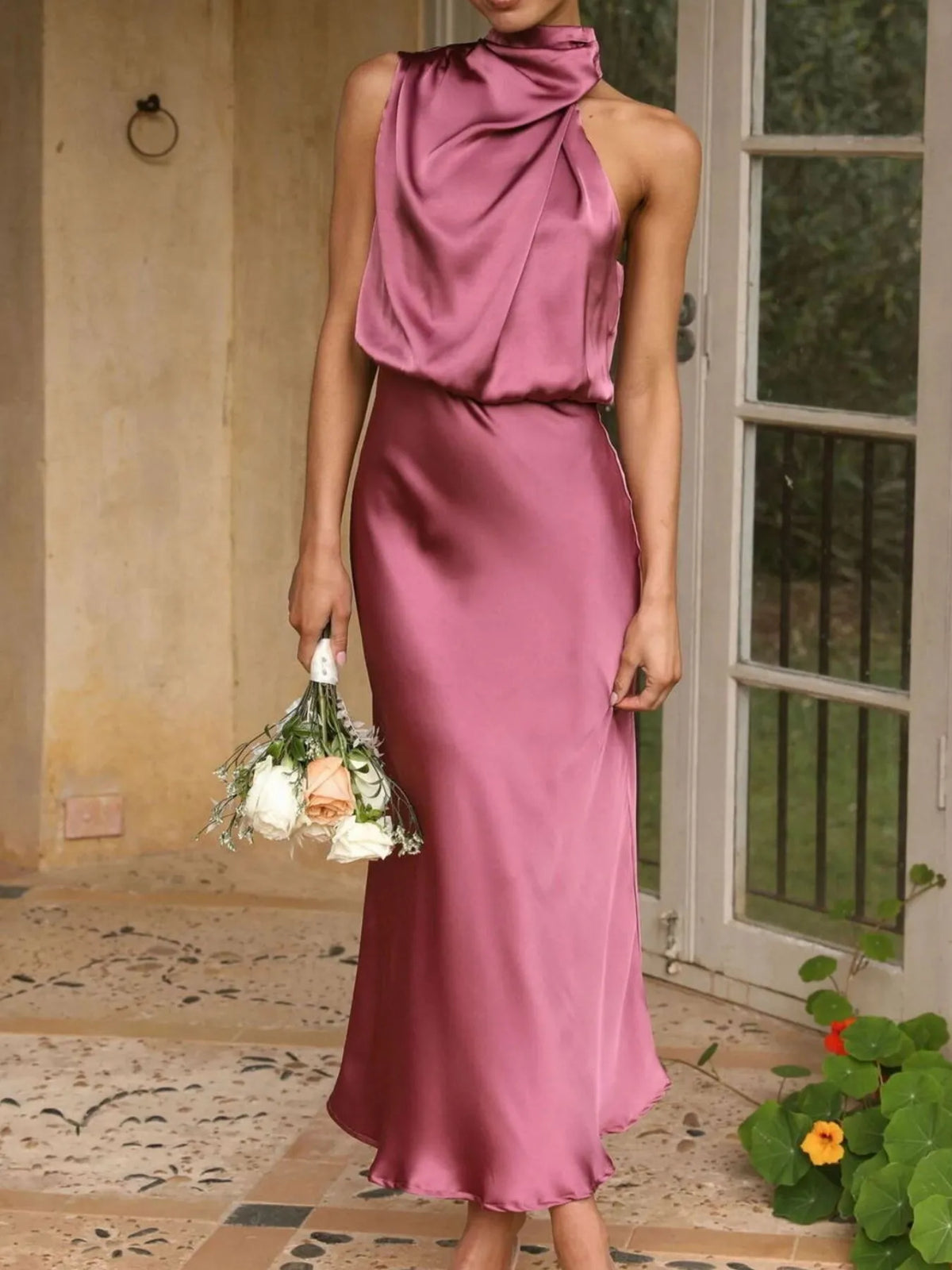 asymmetrical ruched sleeveless midi dress styled look