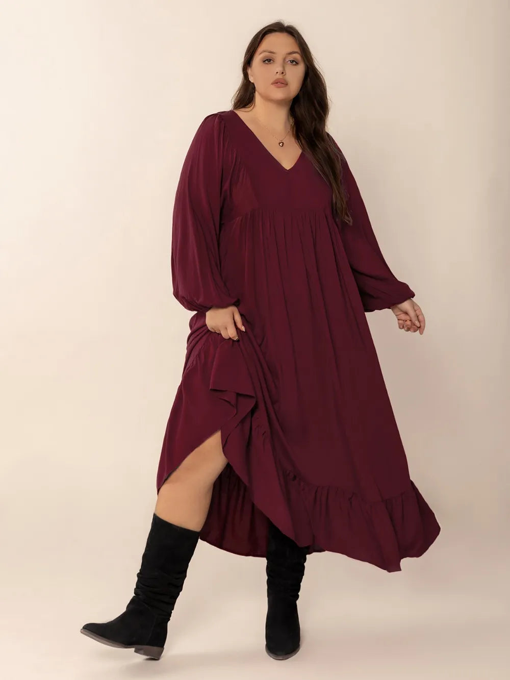 burgundy plus size ruffled hem v neck balloon sleeve dress front view