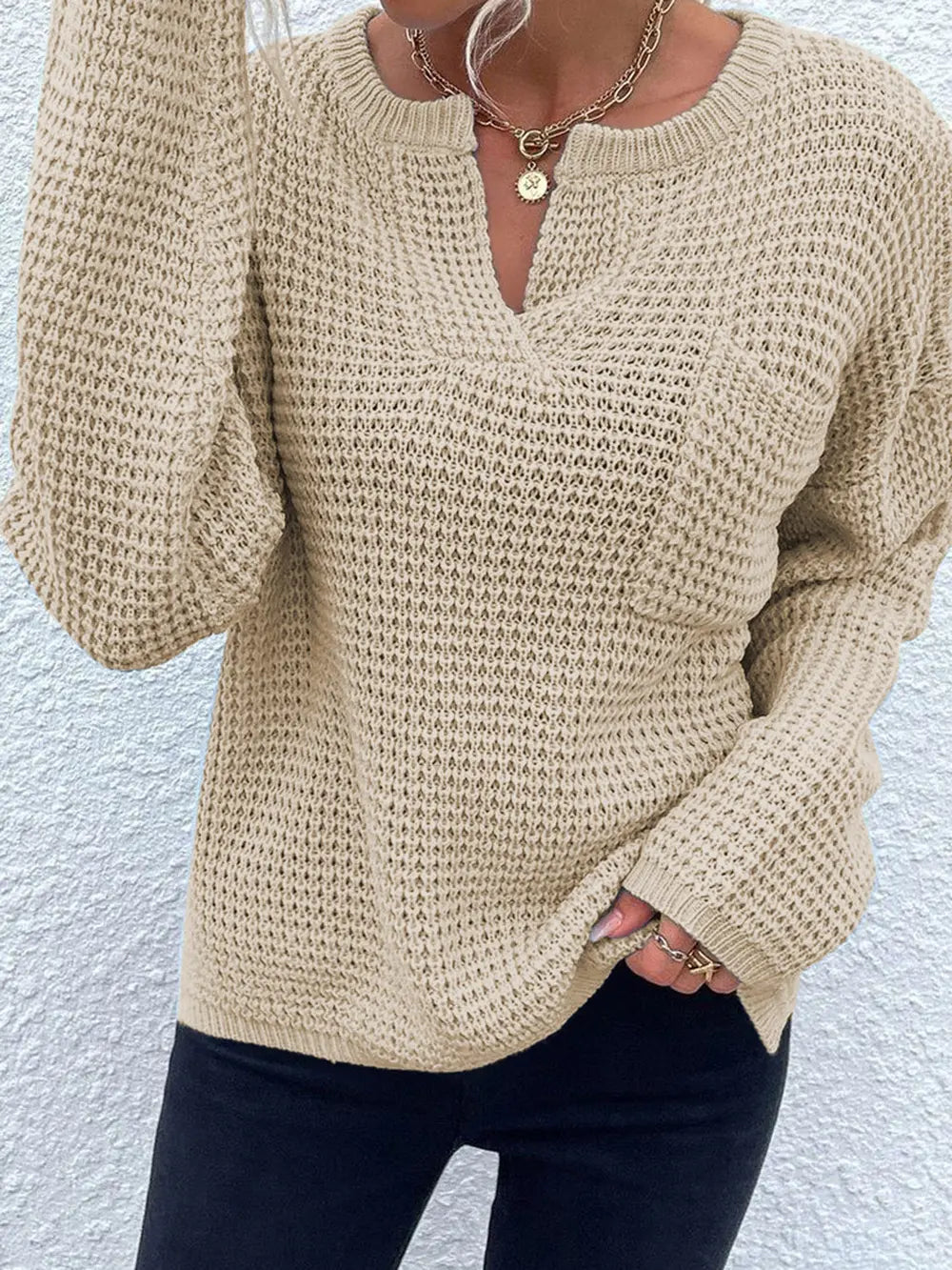 Notched Long Sleeve Sweater - Fashorio