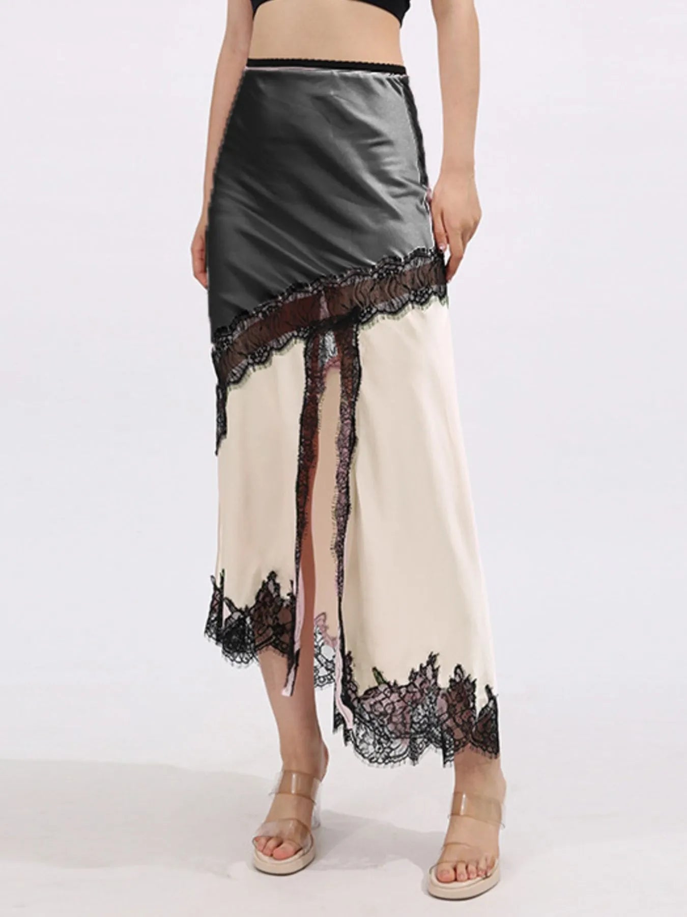 Lace Trim Asymmetrical Midi Skirt - Fashorio