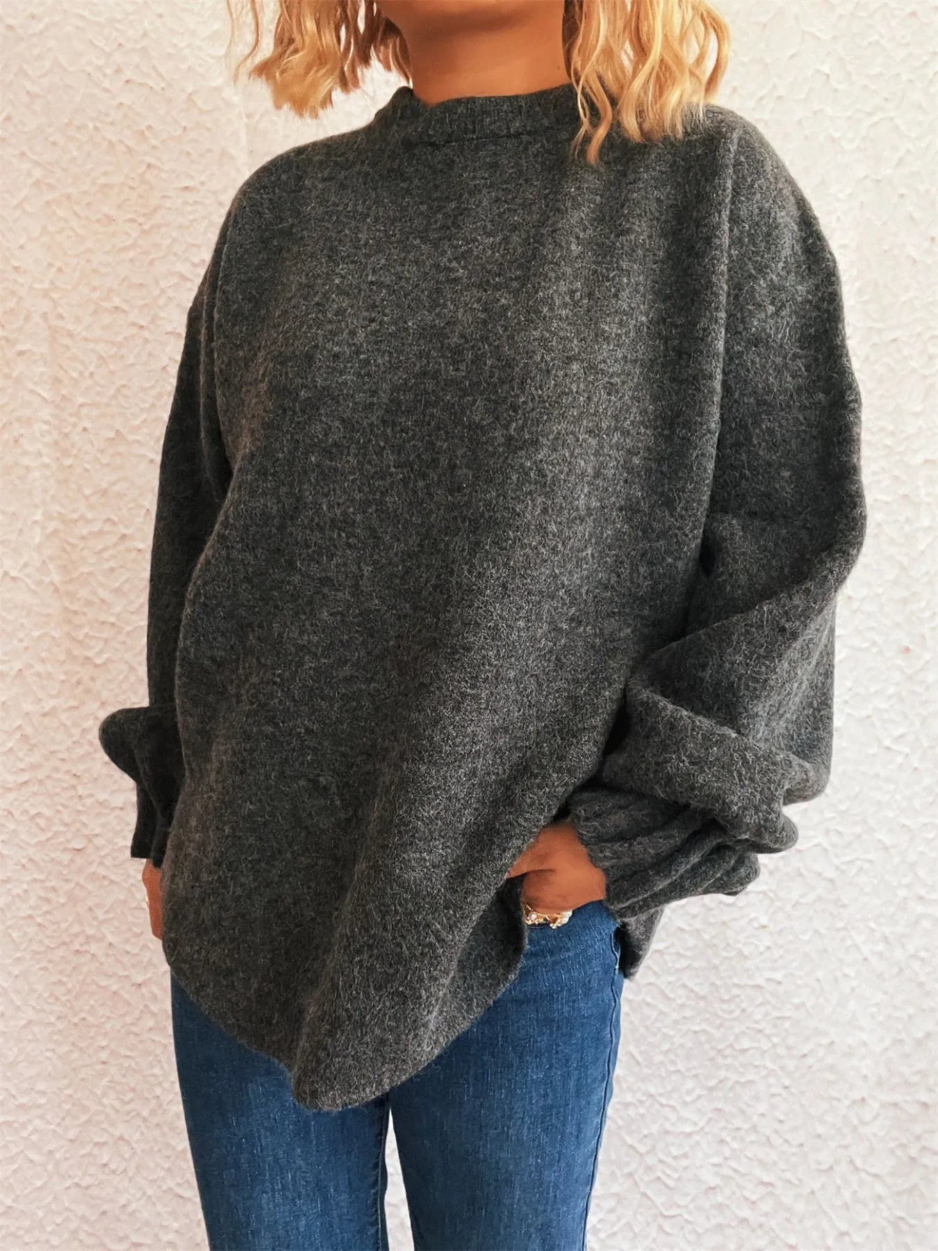 Round Neck Dropped Shoulder Sweater - Fashorio