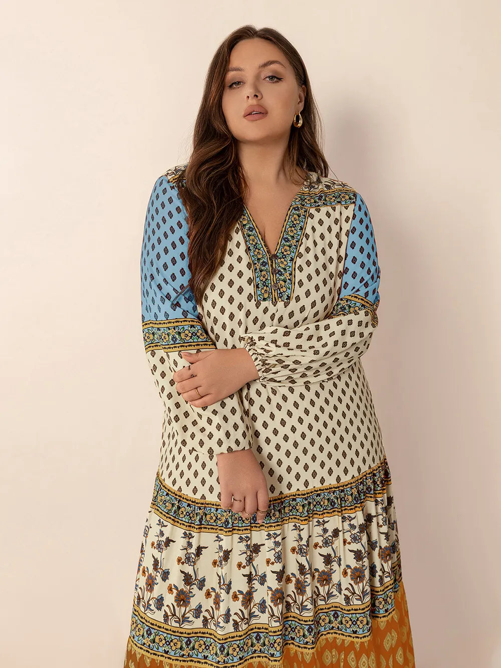 Printed V Neck Balloon Sleeve Maxi Dress view 5