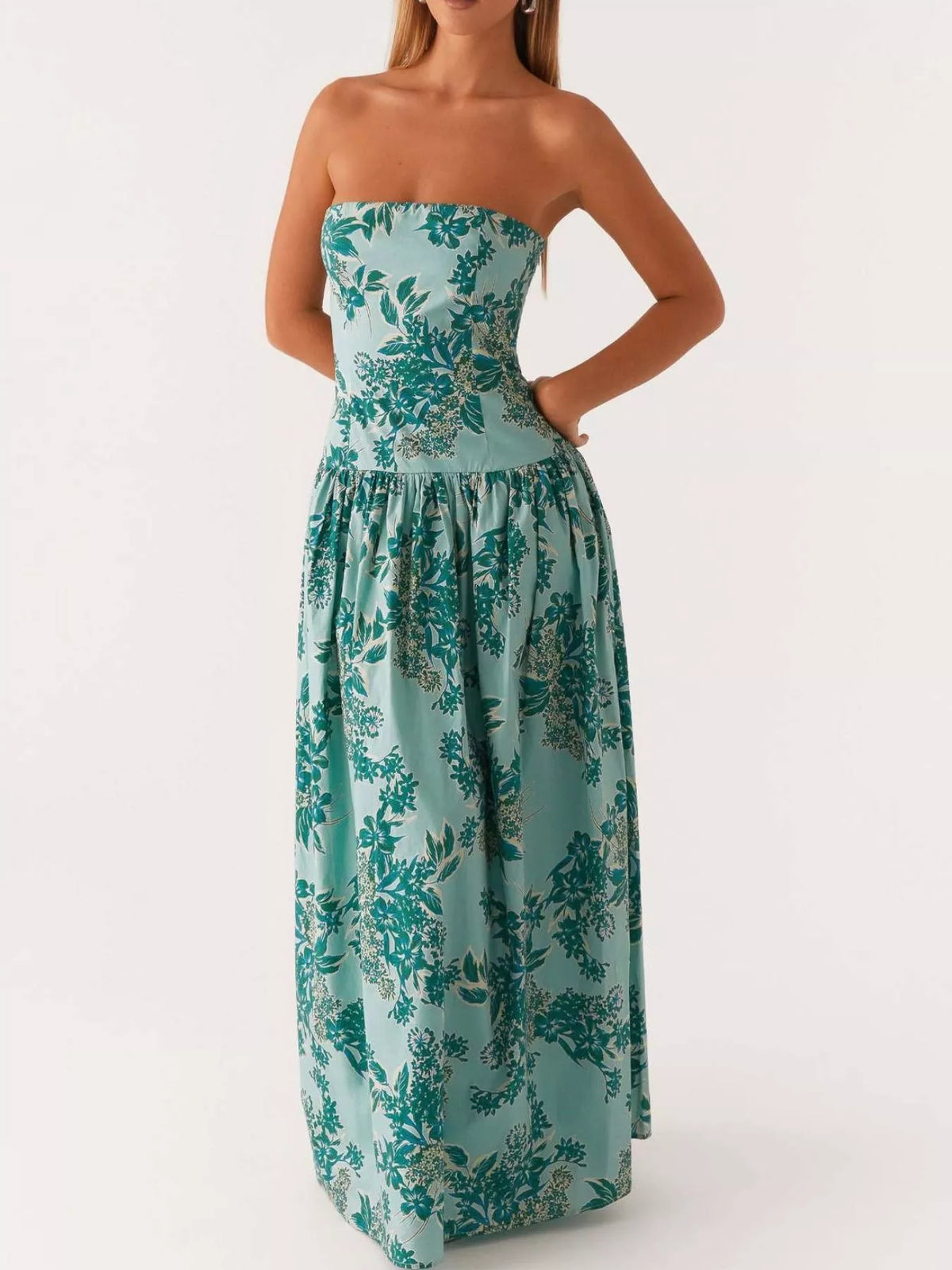 Strapless tube maxi dress side view