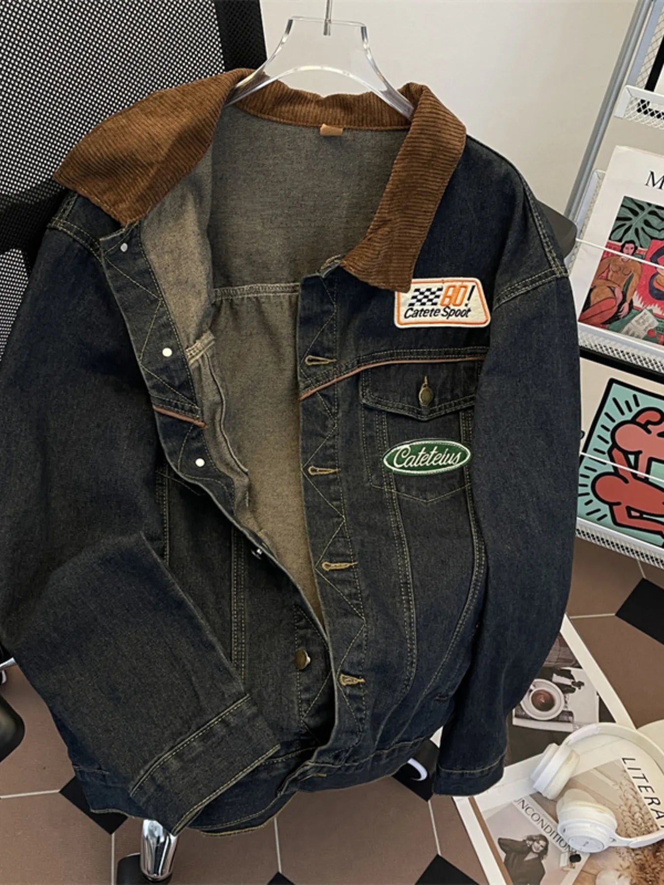 Men's Plus Size Corduroy Collar Button Up Denim Jacket - Fashorio